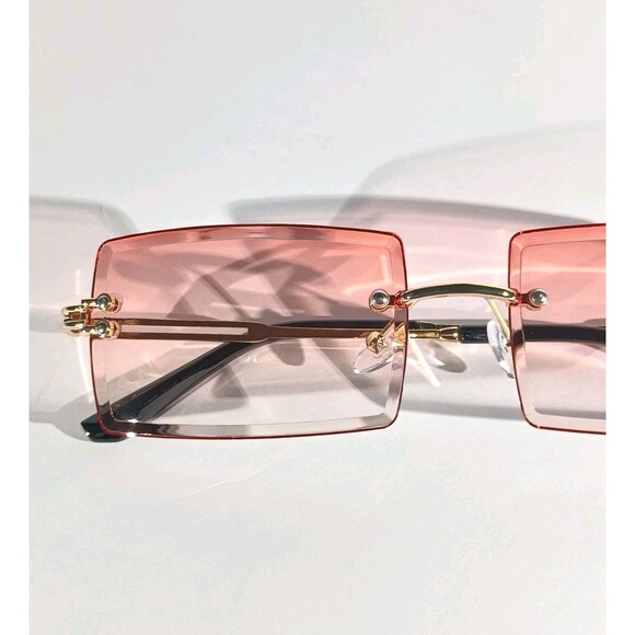 Rimless Square Sunglasses Pink Tint Unisex Metal Frame - Picture 3 of 8